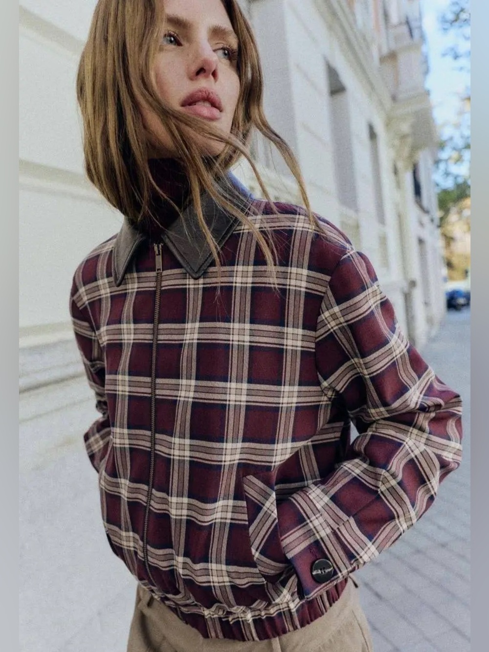 NWOT. Zara Maroon Faux Leather Lapel Checkered Bomber Jacket. Size S.